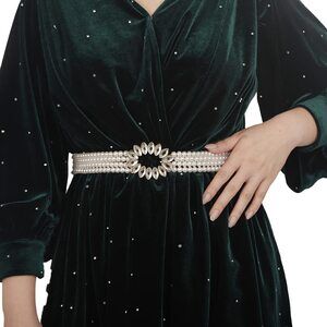 8894 Elastic Pearl Belt For Women Rhinestone Waist Chain Flower Layered
